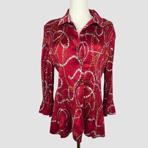 Jaclyn Smith Equestrian Chain Print Button-Up Blouse XL Long Sleeve Pleated Red